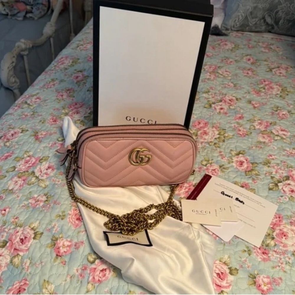 💎Gucci💎 Marmont *Triple Zip* Nude Blush Pink Camera Crossbody - Picture 4 of 11